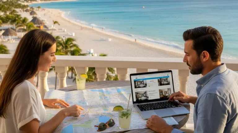 Pareja planificando hospedaje en Cancún con vista a la playa y hoteles de lujo.