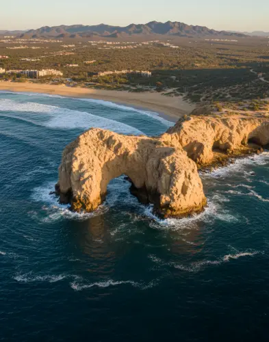 Vista panorámica de Los Cabos en Baja California Sur con El Arco, mar azul profundo y arena dorada
