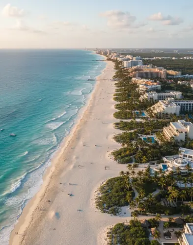 Vista aérea de la Riviera Maya en Quintana Roo con playas, mar turquesa y resorts frente al mar